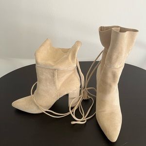 Cream lace up bootie heels